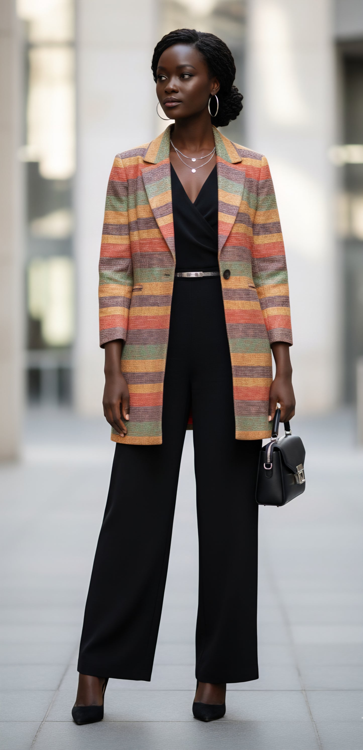 Blazer Long Vintage en Tweed Multicolore à Rayures Vibrantes - Style Rétro Chic
(Marque 106)