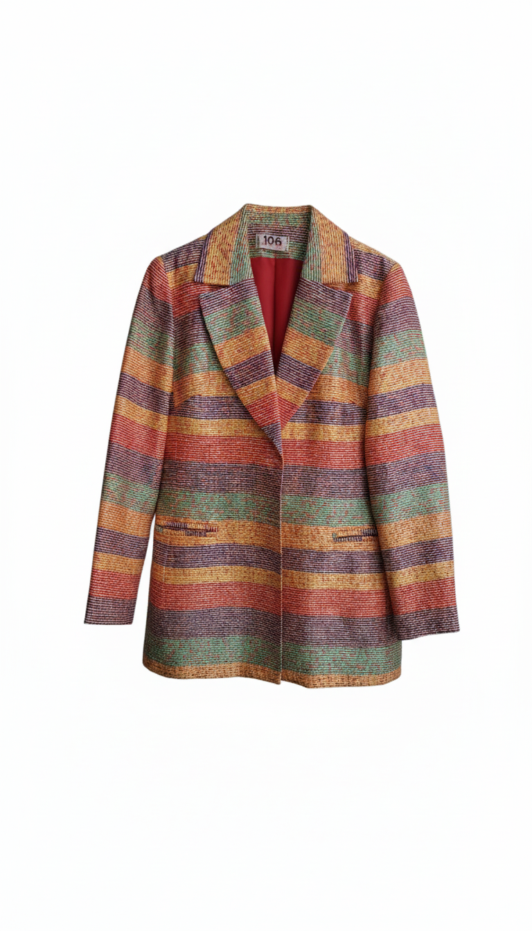 Blazer Long Vintage en Tweed Multicolore à Rayures Vibrantes - Style Rétro Chic

(Marque 106)