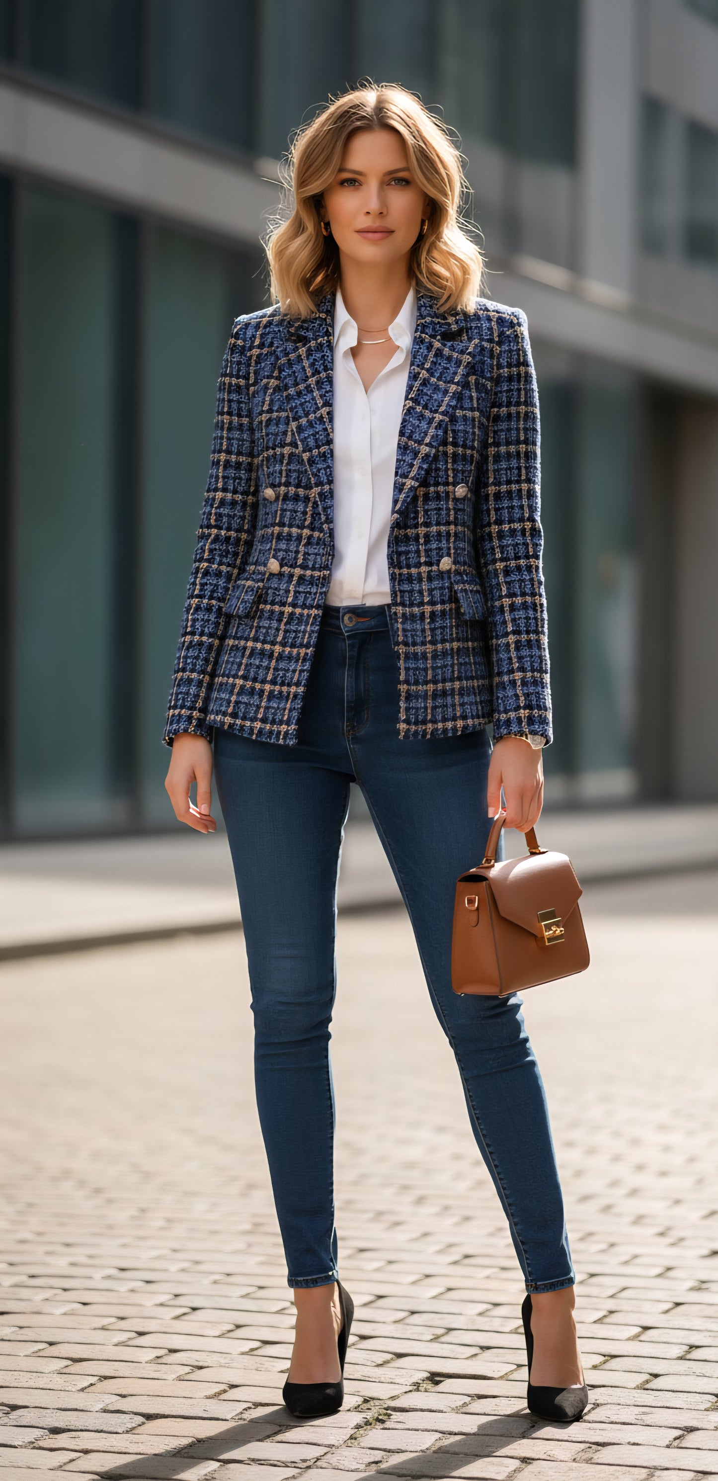 Blazer Croisé en Tweed Texturé à Carreaux Bleu Marine et Beige - Style Parisien Chic