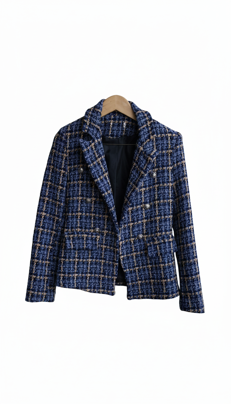 Blazer Croisé en Tweed Texturé à Carreaux Bleu Marine et Beige - Style Parisien Chic