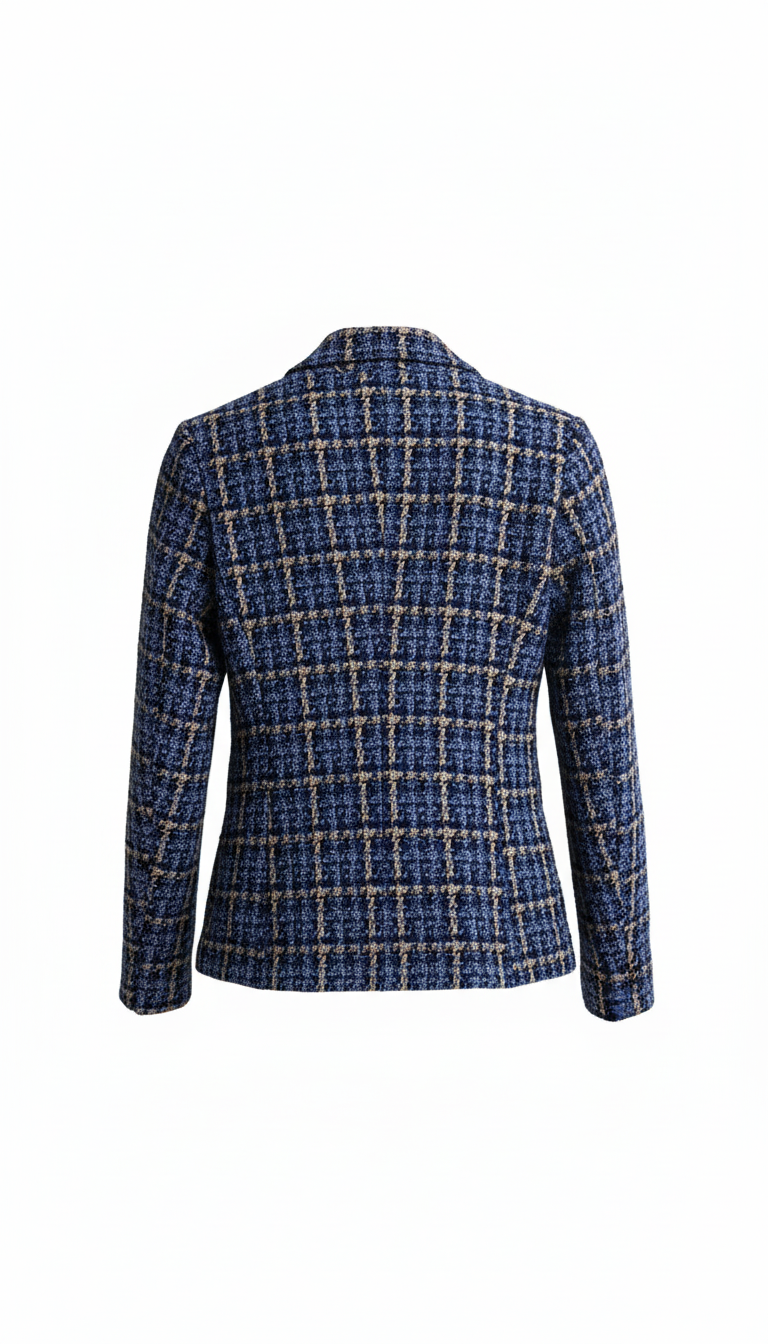 Blazer Croisé en Tweed Texturé à Carreaux Bleu Marine et Beige - Style Parisien Chic