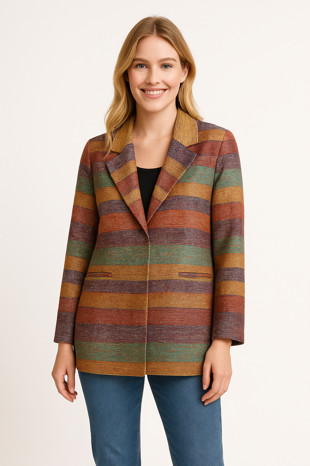 Blazer Long Vintage en Tweed Multicolore à Rayures Vibrantes - Style Rétro Chic

(Marque 106)